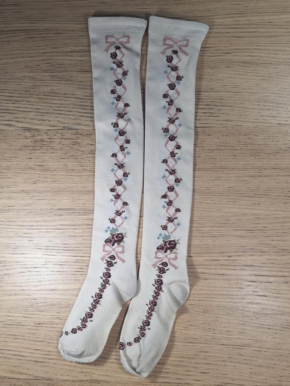 Innocent World Ivory Burgundy Floral Bow OTK Socks | Classic Lolita